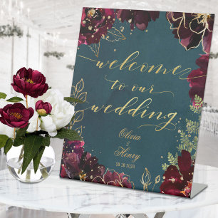 Teal Bordeaux Jewel Tones Welcome Wedding 2 Pedestal Sign