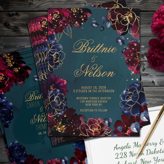 Teal Bordeaux Sapphire Jewel Tone Gold Wedding Invitation (Teal Bordeaux Sapphire Jewel Tone Gold Wedding Invitation)