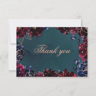 Teal Bordeaux Sapphire Jewel Tone Rose Wedding Thank You Card