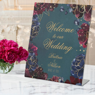 Teal Bordeaux Sapphire Jewel Tone Welcome Wedding Pedestal Sign