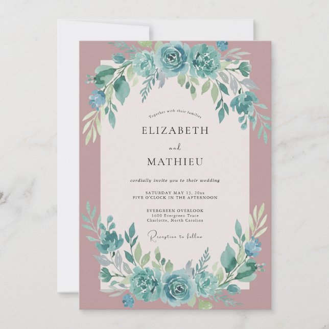 Teal Botanical Arch Flourish Wedding Invitation (Front)