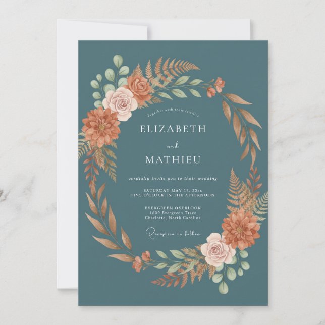 Teal Botanical Autumn Wedding Invitation (Front)
