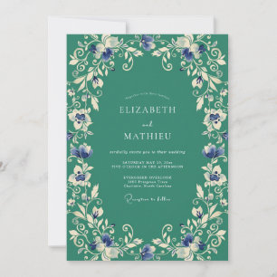 Teal Botanical Flourish Romance Wedding Invitation