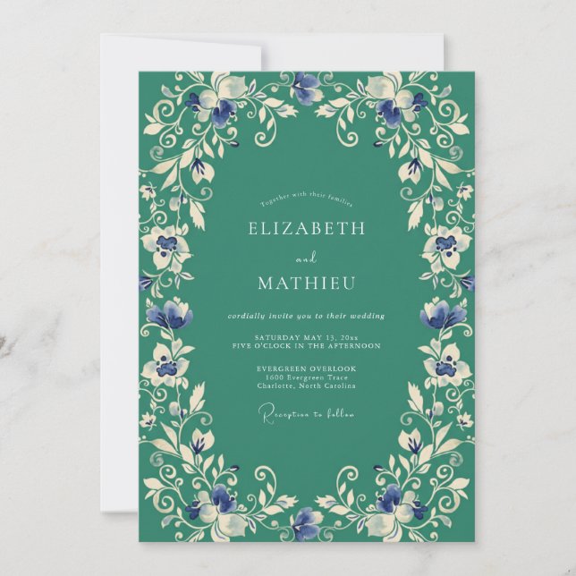 Teal Botanical Flourish Romance Wedding Invitation (Front)