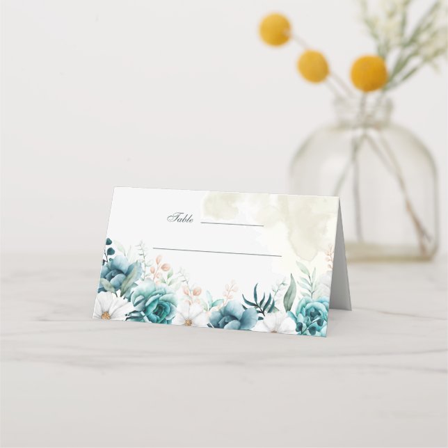 Teal Botanical Wedding Place Card (Front)