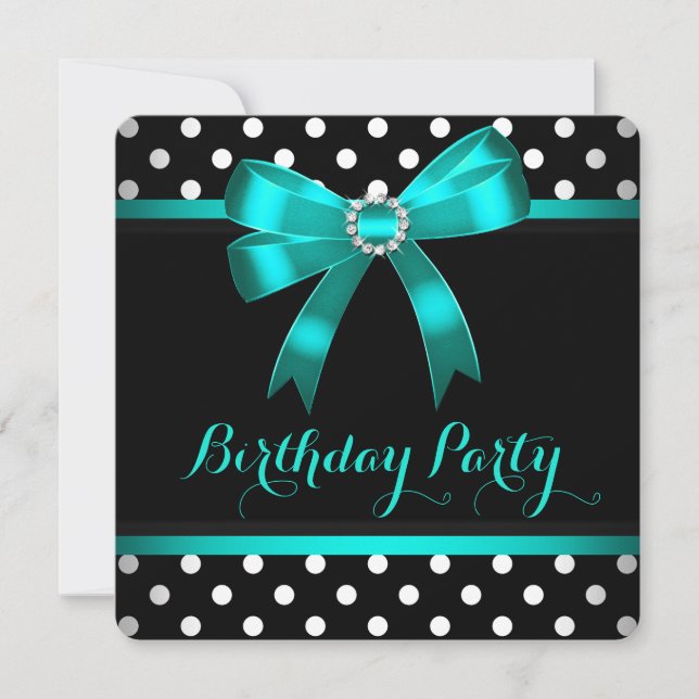 Teal Bow Black White Polka Dots Birthday Party Invitation (Front)