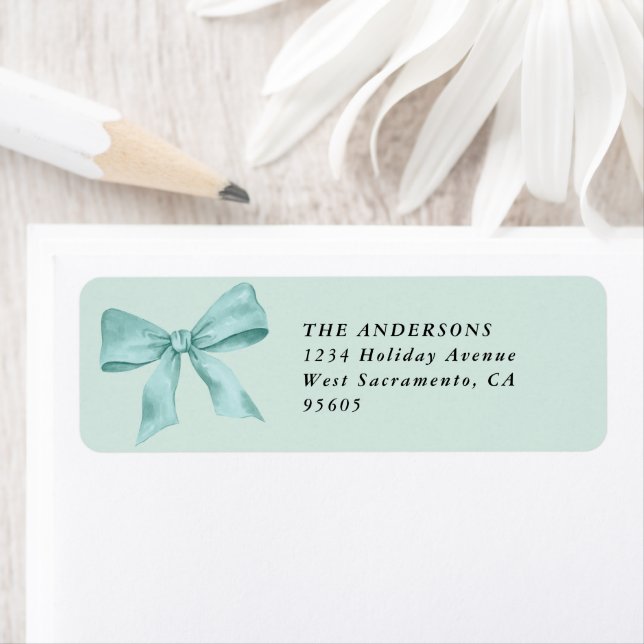 Teal Bow Christmas Return Address Label (Insitu)