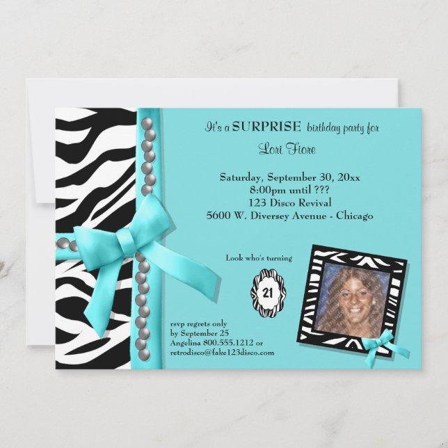 Teal Bow With Pearls And White Zebra Stripes Invitation (Front)