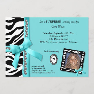 Teal Bow With Pearls And White Zebra Stripes Invitation