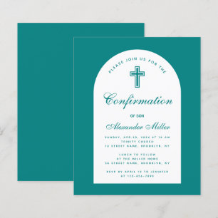 Teal Boy Confirmation White Arch Budget Invitation