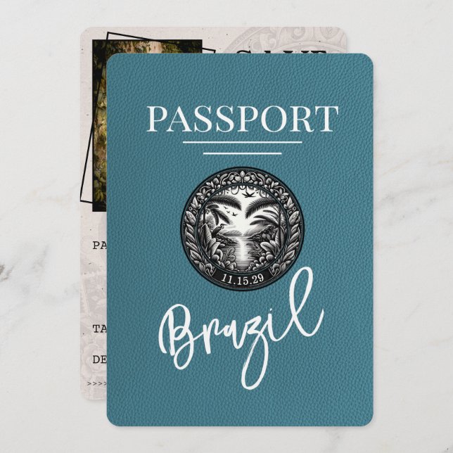 Teal Brazil Passport Save The Date (Front/Back)
