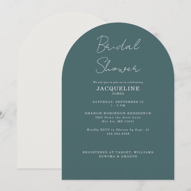 Teal Bridal Shower Arched  Invitation (Front/Back)