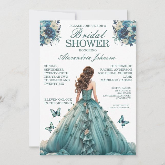Teal Bridal Shower Fancy Dress Invitations (Front)