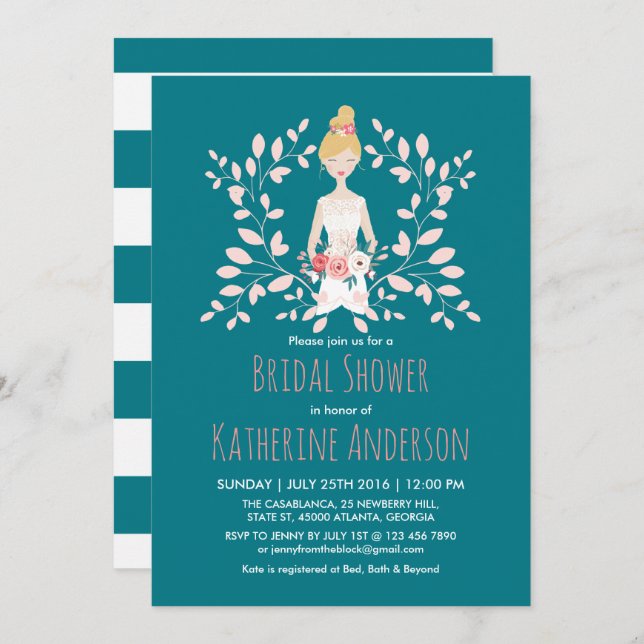 Teal Bride Wedding Dress Bridal Shower Invitation (Front/Back)