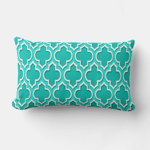 Teal, Bright Aqua, White Moroccan Quatrefoil #4DS Lumbar Cushion