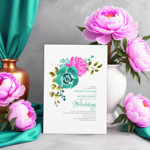 Teal Bright Pink Floral Wedding Invitation