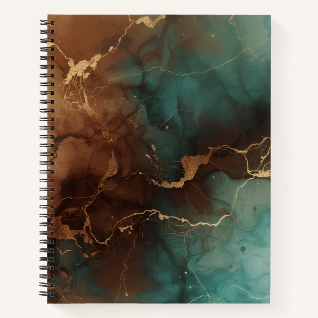 Teal & Bronze Ink Marble Notebook with Gold Vein  (Front)