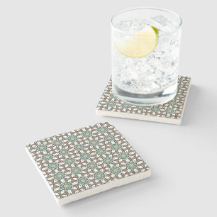 Teal, brown and white geometric pattern stone coaster
