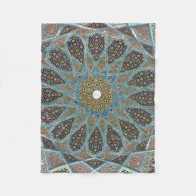 Teal, brown, and yellow floral kaleido artwork fleece blanket (Front)