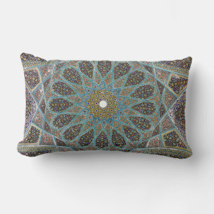 Teal, brown, and yellow floral kaleido artwork lumbar cushion