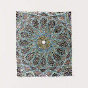 Teal, brown, and yellow floral kaleido artwork tapestry