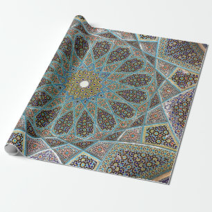 Teal, brown, and yellow floral kaleido artwork wrapping paper
