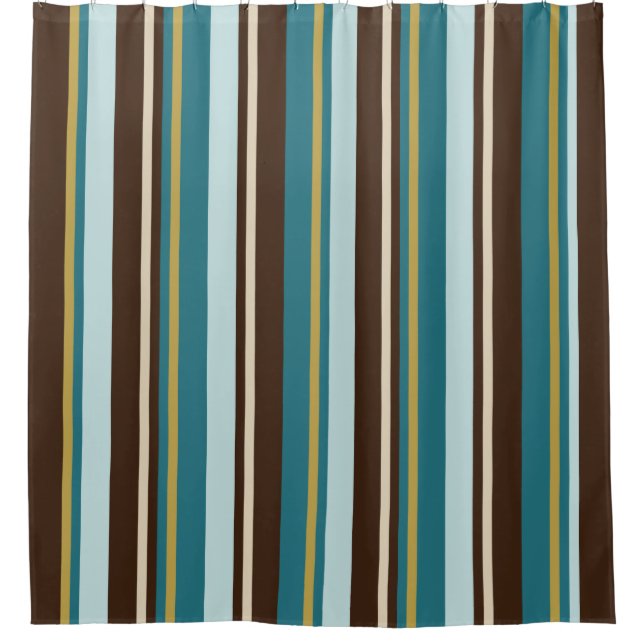 Teal, Brown, Beige and Gold Vertical Stripes Shower Curtain (Front)