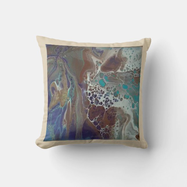 Teal, brown, beige, gold, print of fluid art. cushion (Front)