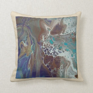 Teal, brown, beige, gold, print of fluid art. cushion