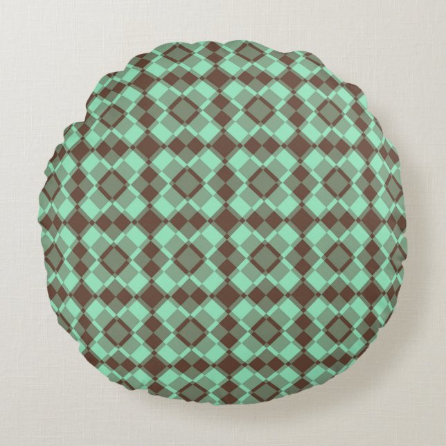 Teal Brown Checker Argyle Pattern Round Cushion (Front)