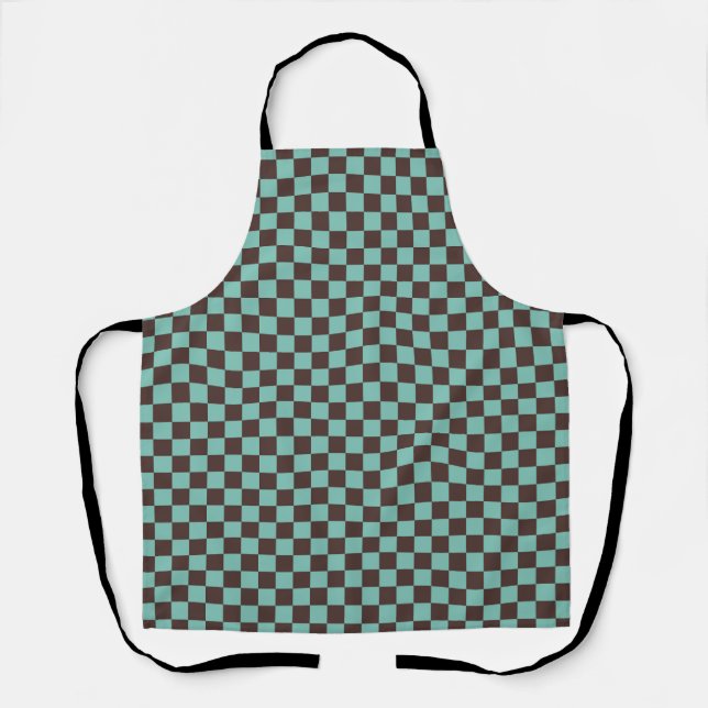 Teal Brown Chequerboard Gingham Pattern Apron (Front)