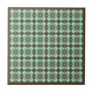 Teal Brown Chequered Argyle Pattern Ceramic Tile