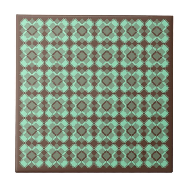 Teal Brown Chequered Argyle Pattern Ceramic Tile (Front)