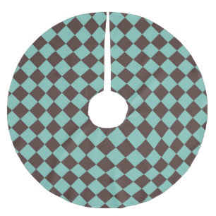 Teal Brown Chequered Diamond Pattern Brushed Polyester Tree Skirt