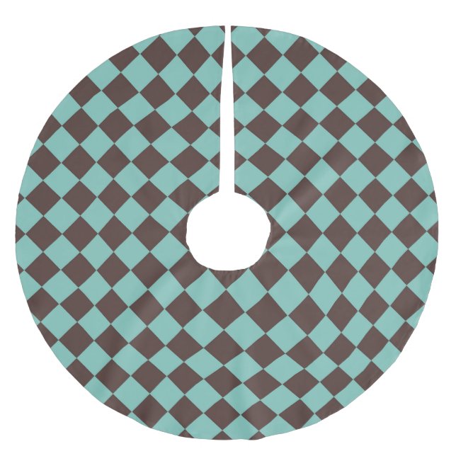 Teal Brown Chequered Diamond Pattern Brushed Polyester Tree Skirt (Front)