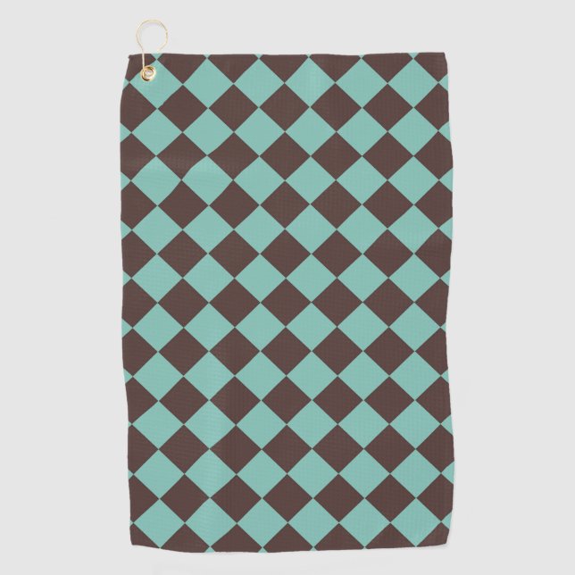 Teal Brown Chequered Diamond Pattern Golf Towel (Front)