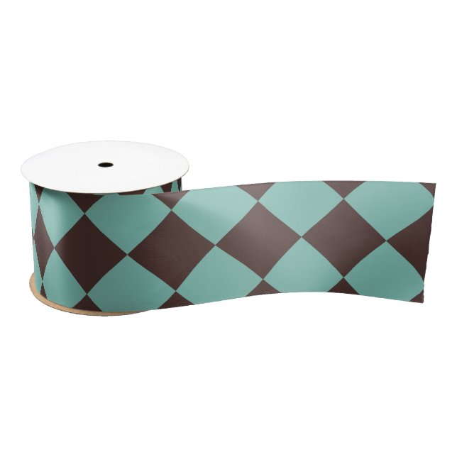 Teal Brown Chequered Diamond Pattern Satin Ribbon (Spool)
