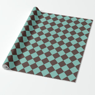 Teal Brown Chequered Diamond Pattern Wrapping Paper