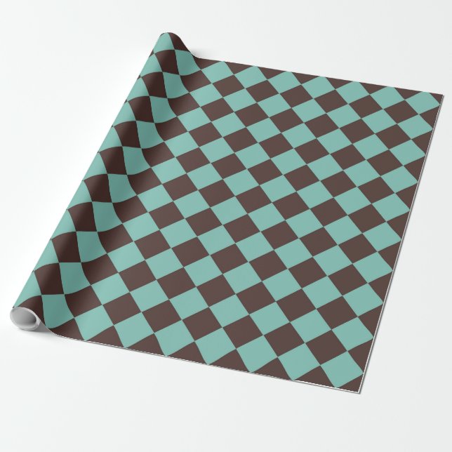 Teal Brown Chequered Diamond Pattern Wrapping Paper (Unrolled)