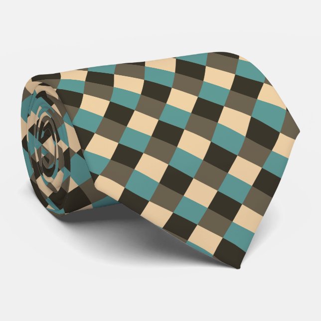Teal Brown Chocolate Beige Cream Tan Plaid Tie (Rolled)