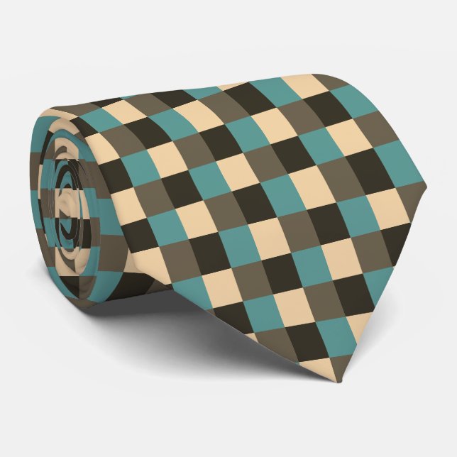 Teal Brown Chocolate Beige Cream Tan Plaid Tie (Rolled)