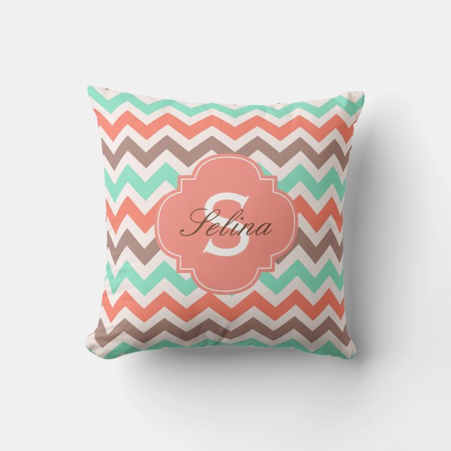 Teal,Brown,Coral Pink Zigzag Monogram Pattern Cushion (Front)