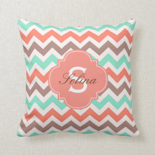 Teal,Brown,Coral Pink Zigzag Monogram Pattern Cushion
