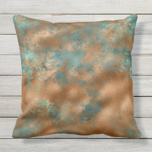 Teal brown faux copper patina inspired artsy cushion