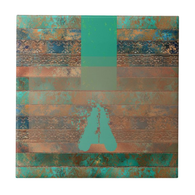 Teal brown faux copper patina inspired Industrial  Ceramic Tile (Front)