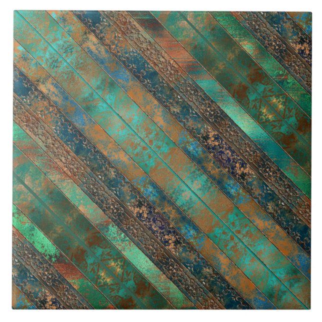 Teal brown faux copper patina inspired Industrial Ceramic Tile (Front)