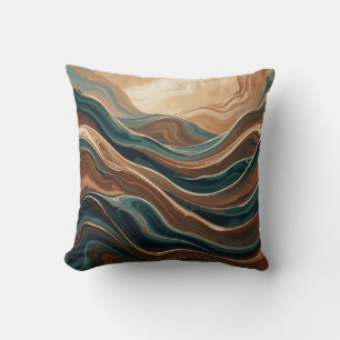 Teal Brown Fluid Wave Abstract Marble Cushion