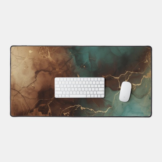 Teal Brown Gold Abstract Marble Desk Mat (Keyboard & Mouse)