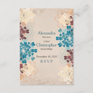 Teal, Brown & Ivory Flowers Retro Wedding RSVP V2 Card