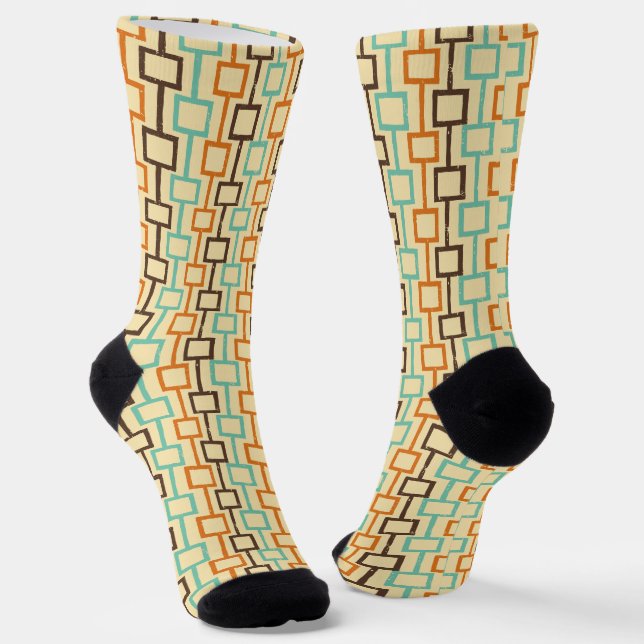 Teal Brown Orange Retro Geometric Pattern Socks (Angled)